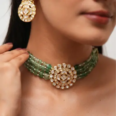 Vandana Mint Moissanite Bead Gold Choker Set