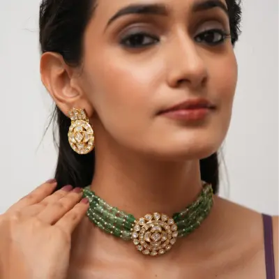 Vandana Mint Moissanite Bead Gold Choker Set